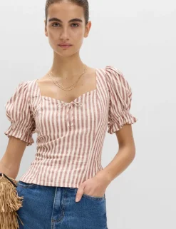 Linen Rich Printed Sweetheart Neck Top