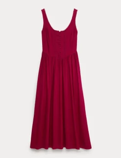Linen Rich Scoop Neck Lace Insert Midi Waisted Dress