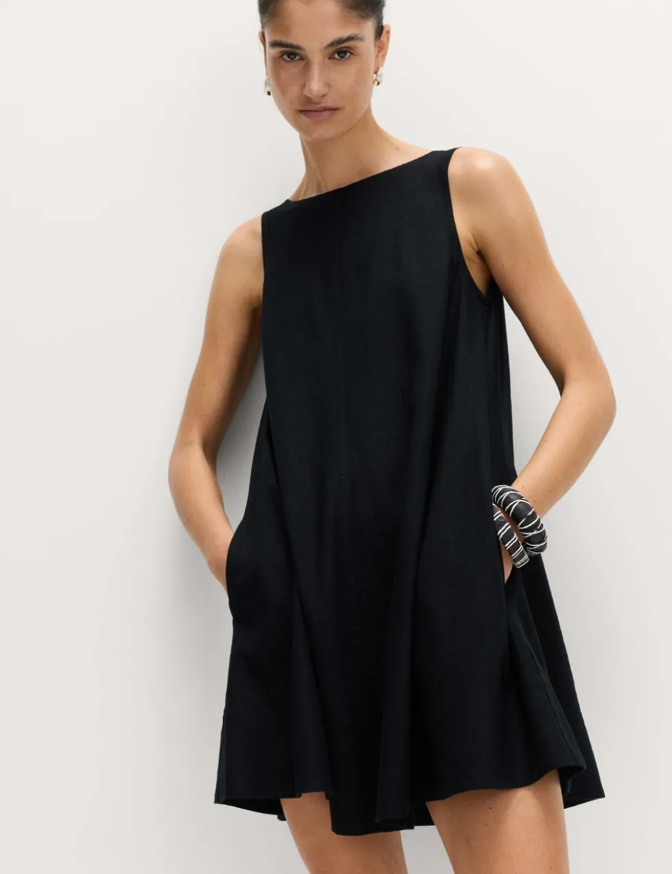 Linen Rich Scoop Neck Mini Swing Dress
