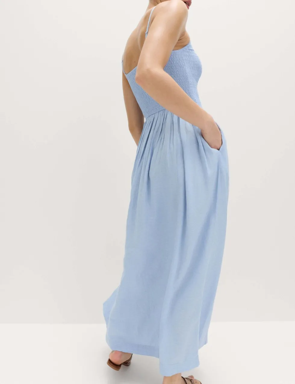 Linen Rich Shirred Midi Dress