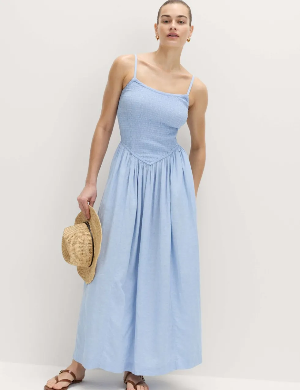 Linen Rich Shirred Midi Dress