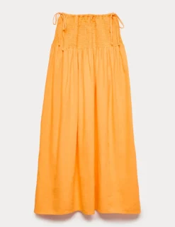 Linen Rich Shirred Tie Detail Maxi Skirt