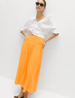 Linen Rich Shirred Tie Detail Maxi Skirt