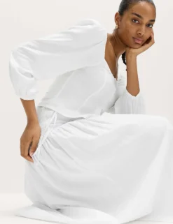Linen Rich Shirred Tie Detail Maxi Skirt