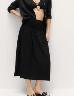 Linen Rich Shirred Tie Detail Maxi Skirt