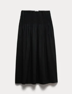 Linen Rich Shirred Tie Detail Maxi Skirt