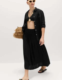 Linen Rich Shirred Tie Detail Maxi Skirt