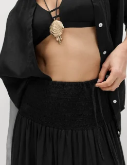 Linen Rich Shirred Tie Detail Maxi Skirt