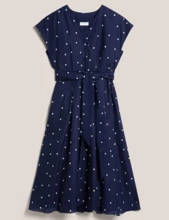 Linen Rich Spot Print V-Neck Skater Dress