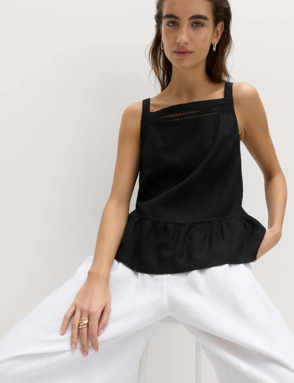 Linen Rich Square Neck Lace Insert Top
