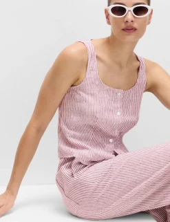 Linen Rich Striped Button Through Top