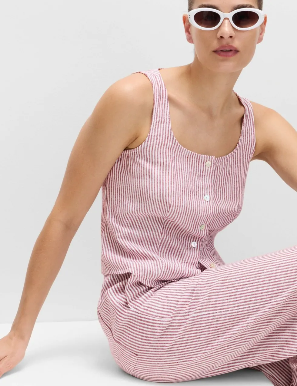 Linen Rich Striped Button Through Top