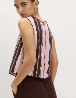 Linen Rich Striped High Neck Vest Top