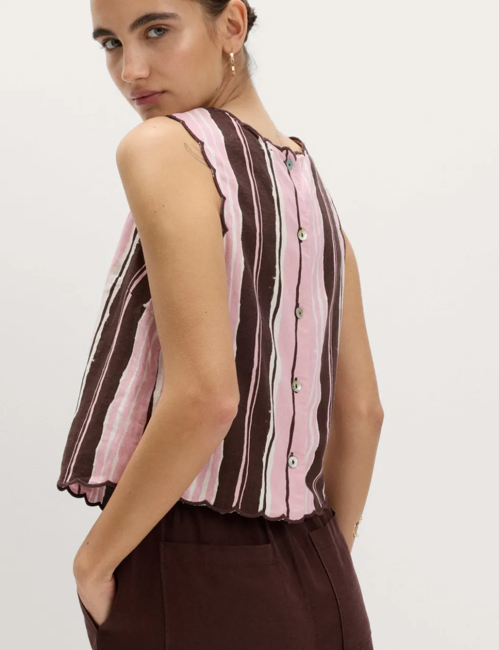 Linen Rich Striped High Neck Vest Top