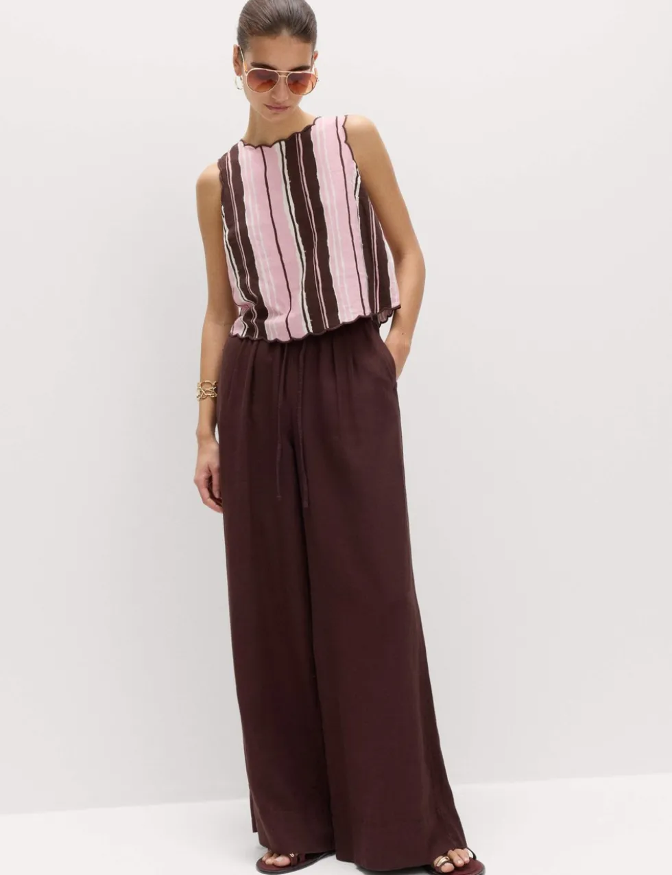 Linen Rich Striped High Neck Vest Top