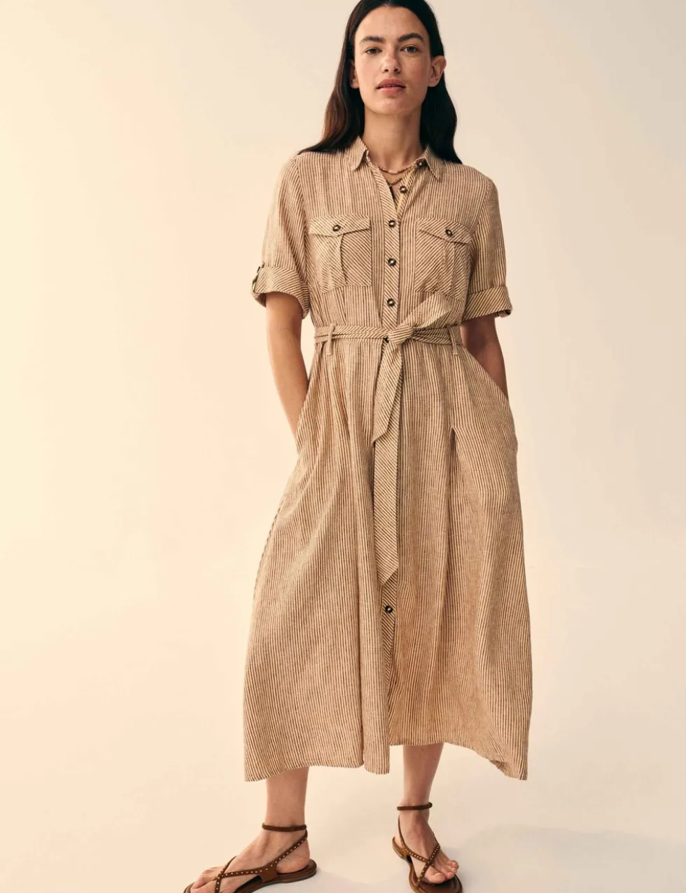 Linen Rich Striped Midi Shirt Dress