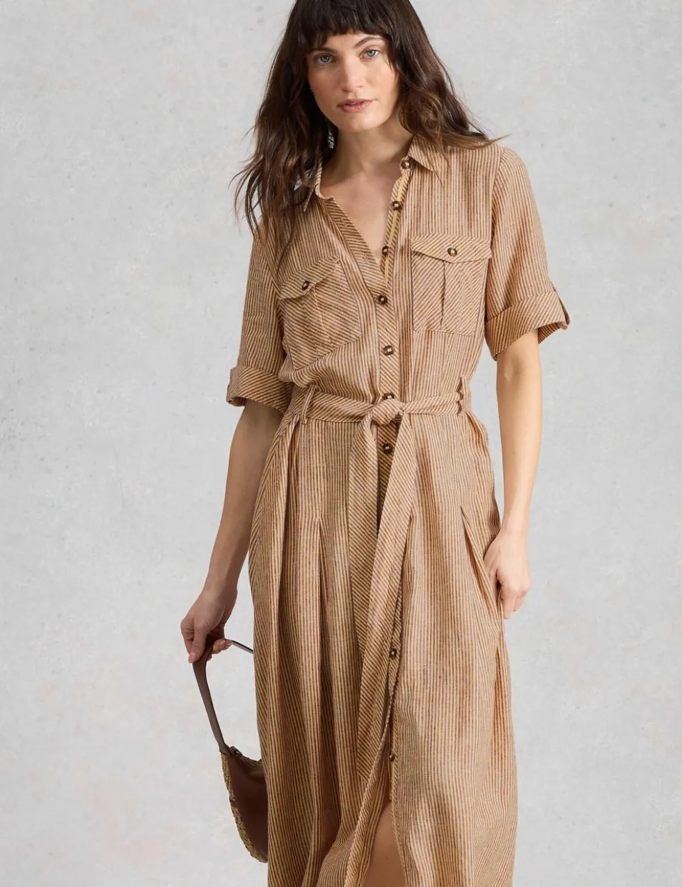 Linen Rich Striped Midi Shirt Dress