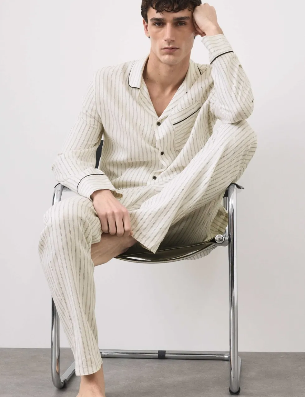 Linen Rich Striped Pyjama Bottoms