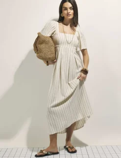 Linen Rich Striped Shirred Midi Dress