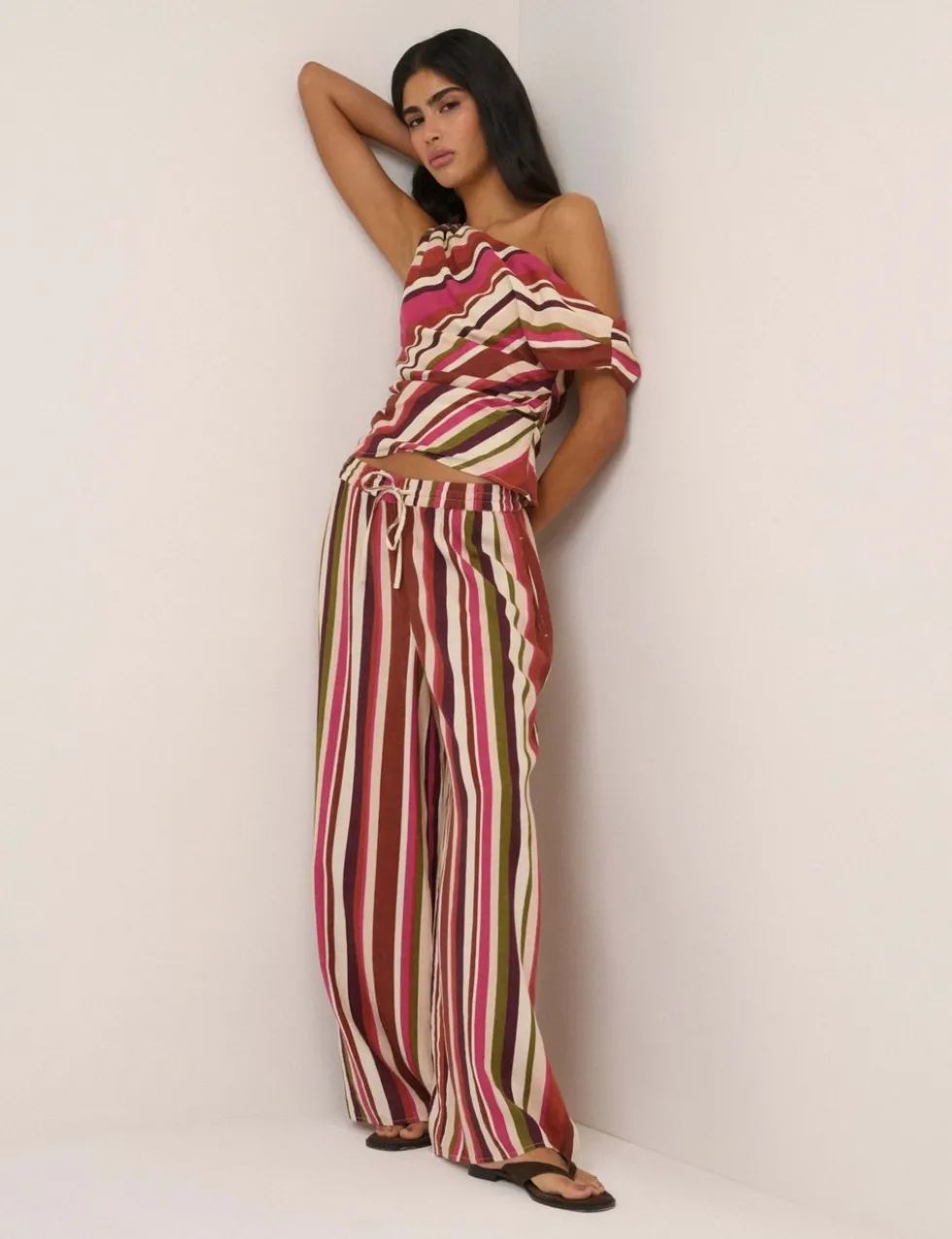 Linen Rich Striped Split Hem Wide Leg Trousers