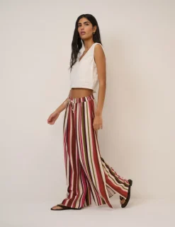 Linen Rich Striped Split Hem Wide Leg Trousers