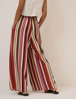 Linen Rich Striped Split Hem Wide Leg Trousers