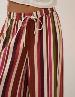 Linen Rich Striped Split Hem Wide Leg Trousers