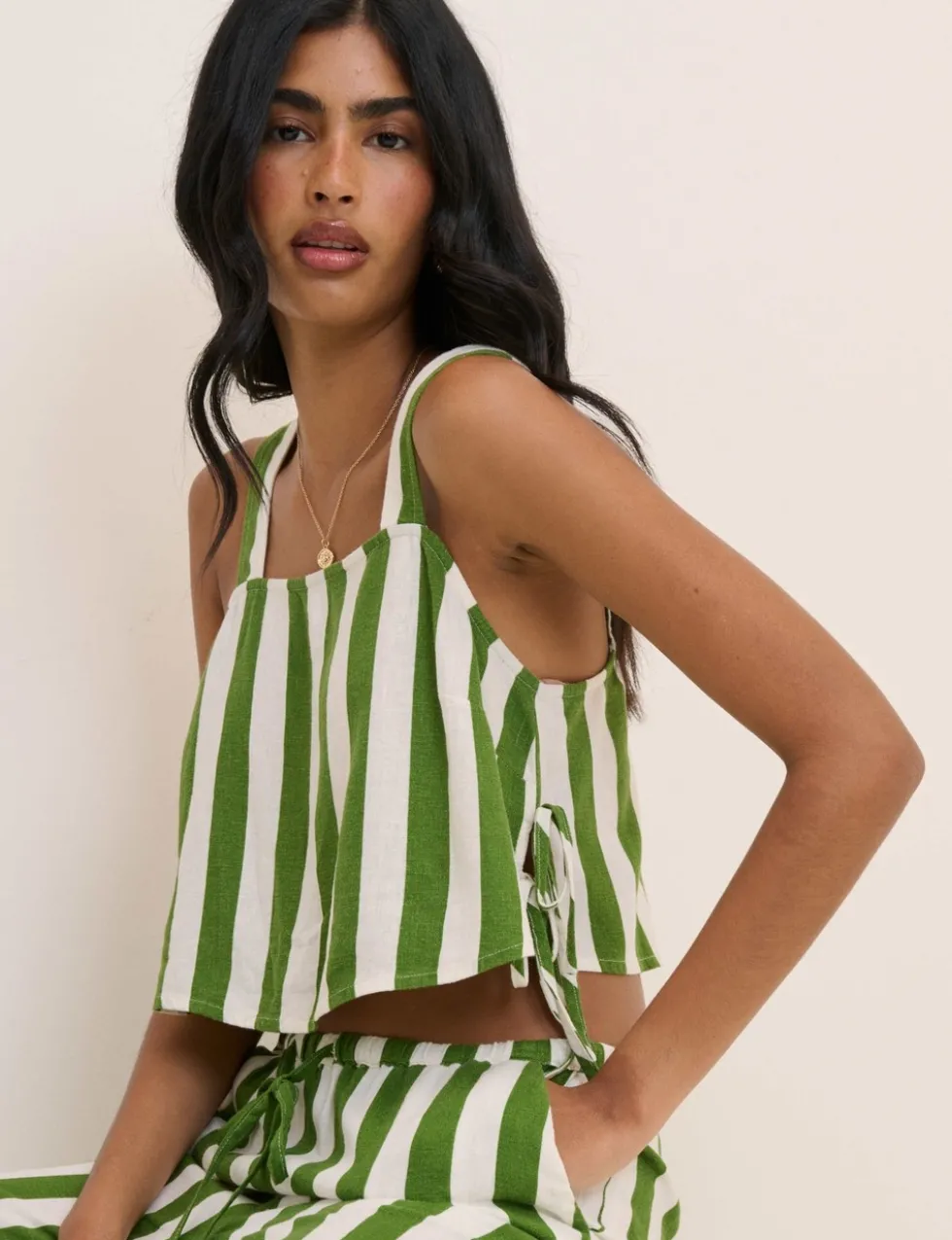 Linen Rich Striped Square Neck Vest Top