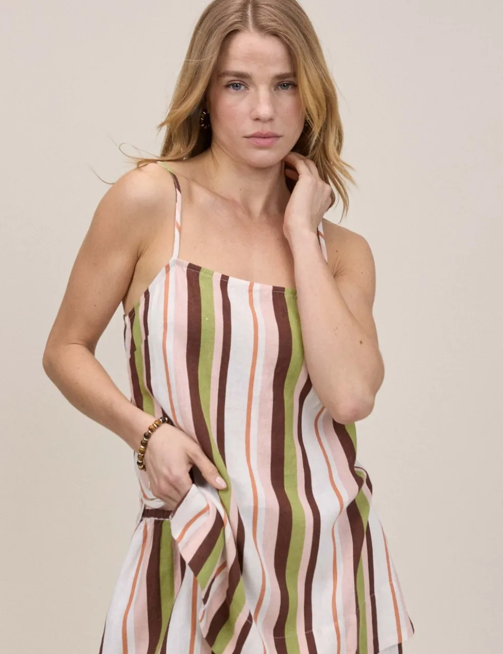 Linen Rich Striped Square Neck Cami Top