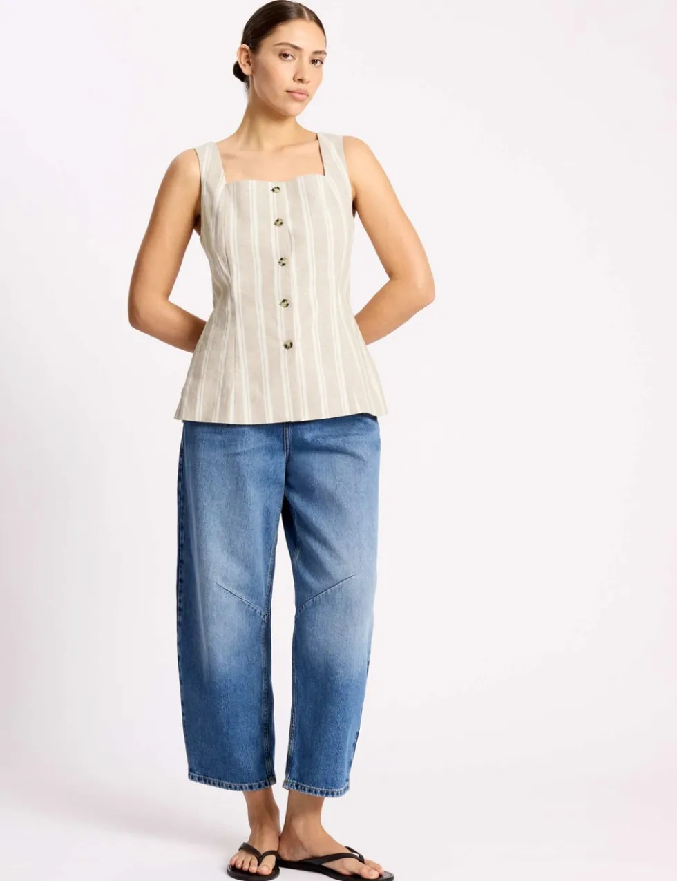 Linen Rich Striped Square Neck Top
