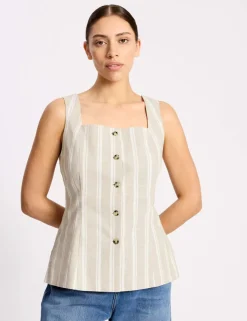 Linen Rich Striped Square Neck Top