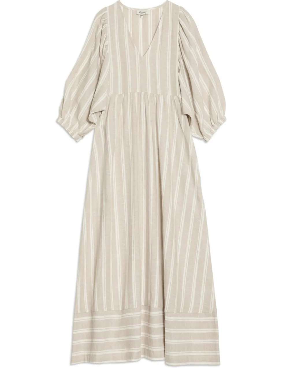 Linen Rich Striped V-Neck Midaxi Smock Dress