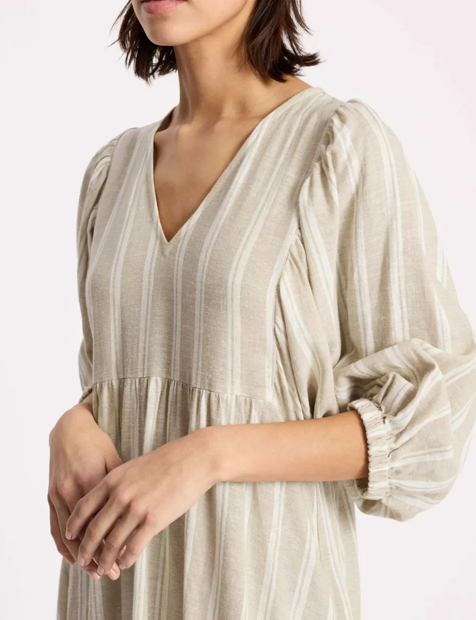 Linen Rich Striped V-Neck Midaxi Smock Dress