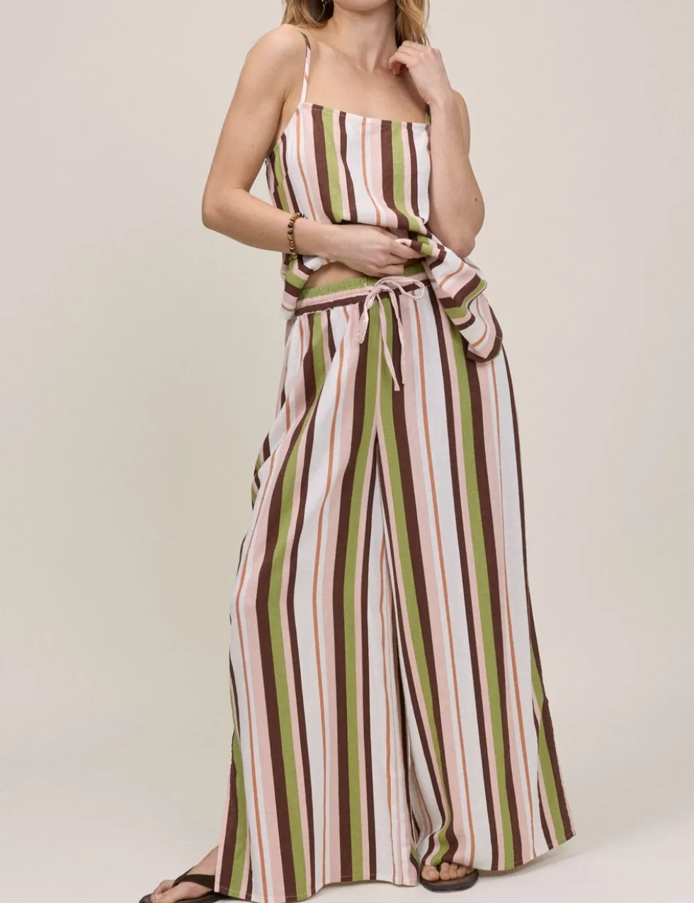 Linen Rich Striped Wide Leg Trousers