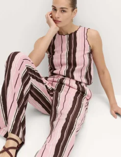 Linen Rich Striped Wide Leg Trousers
