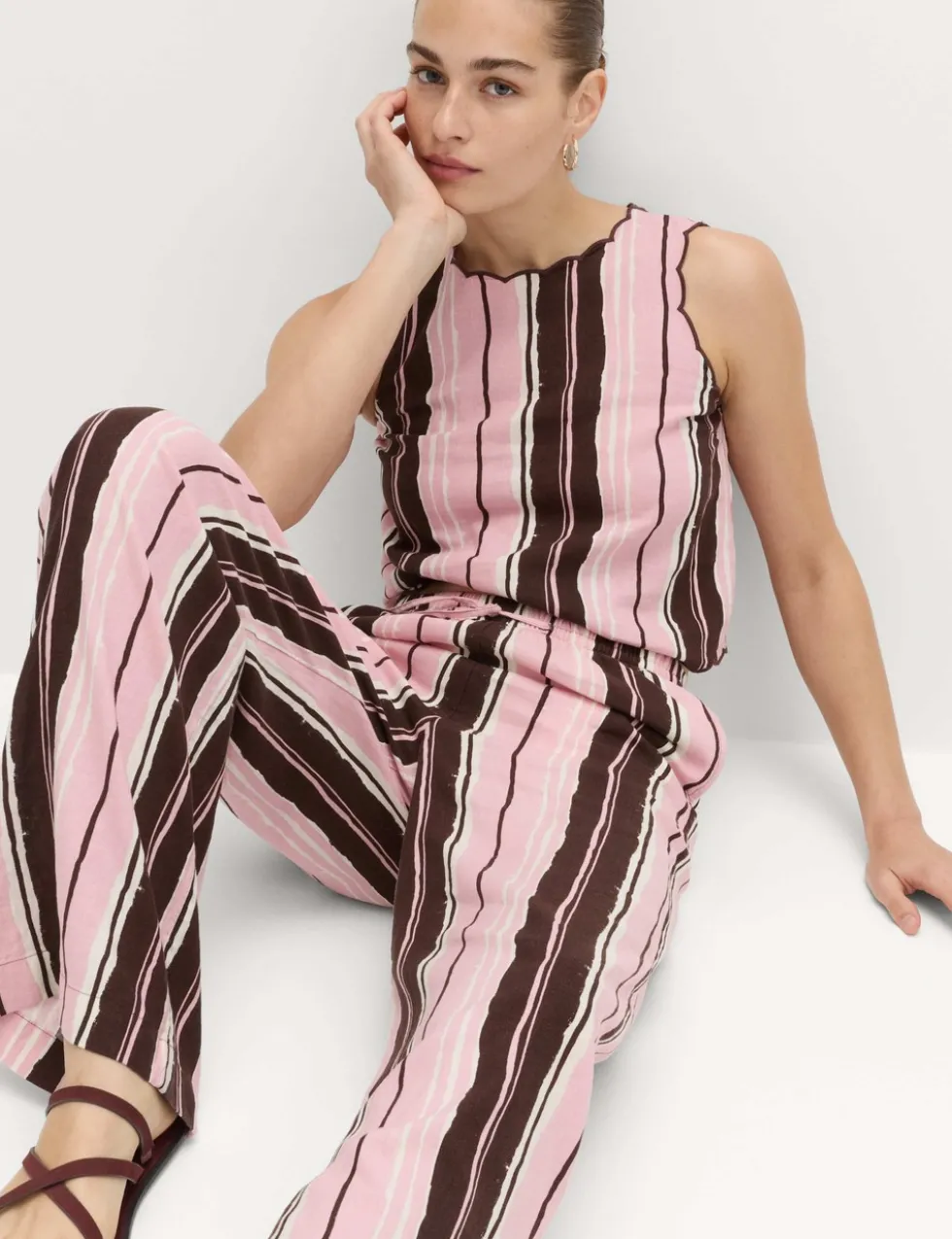 Linen Rich Striped Wide Leg Trousers
