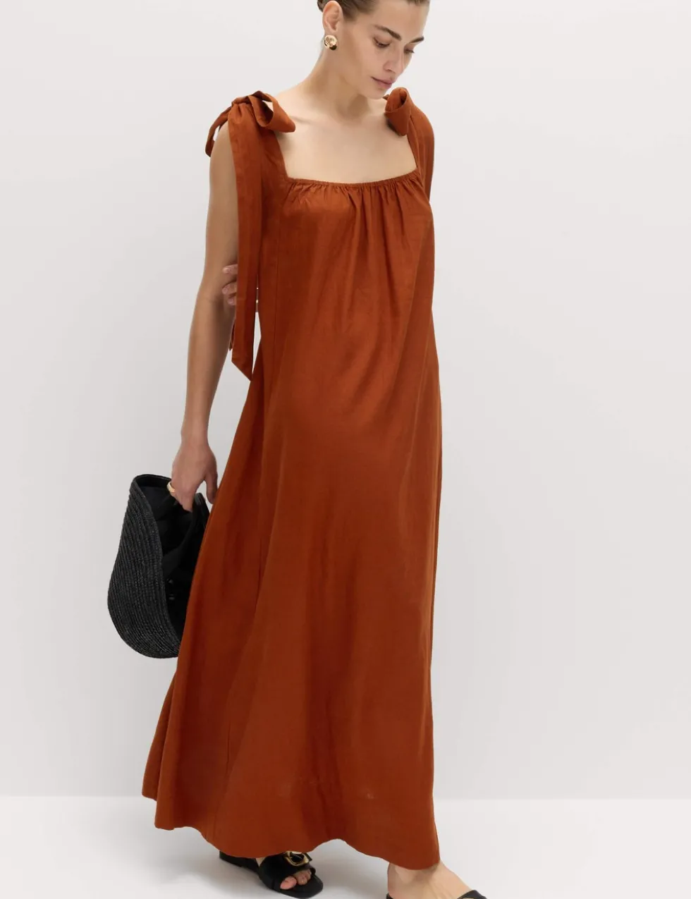 Linen Rich Tie Bow Maxi Beach Dress