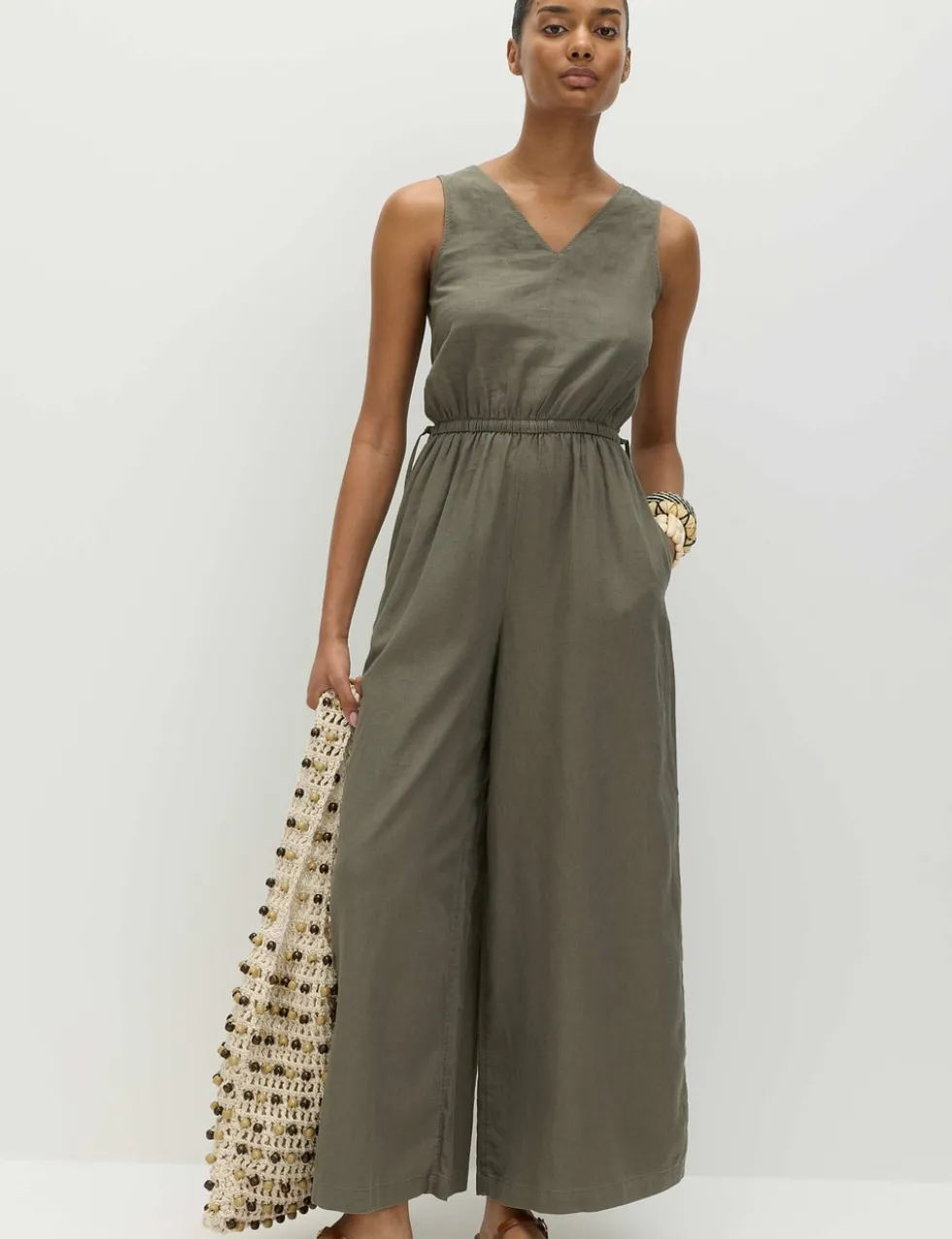 Linen Rich Tie Detail Sleeveless Jumpsuit