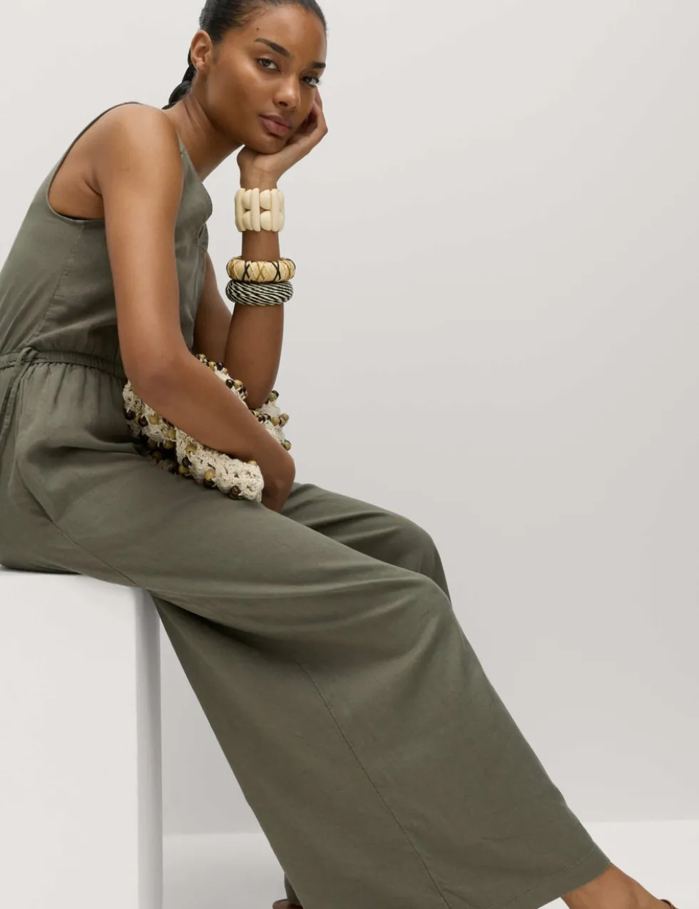 Linen Rich Tie Detail Sleeveless Jumpsuit