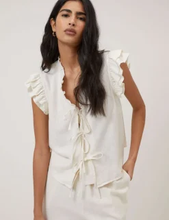 Linen Rich Tie Front Ruffle Top