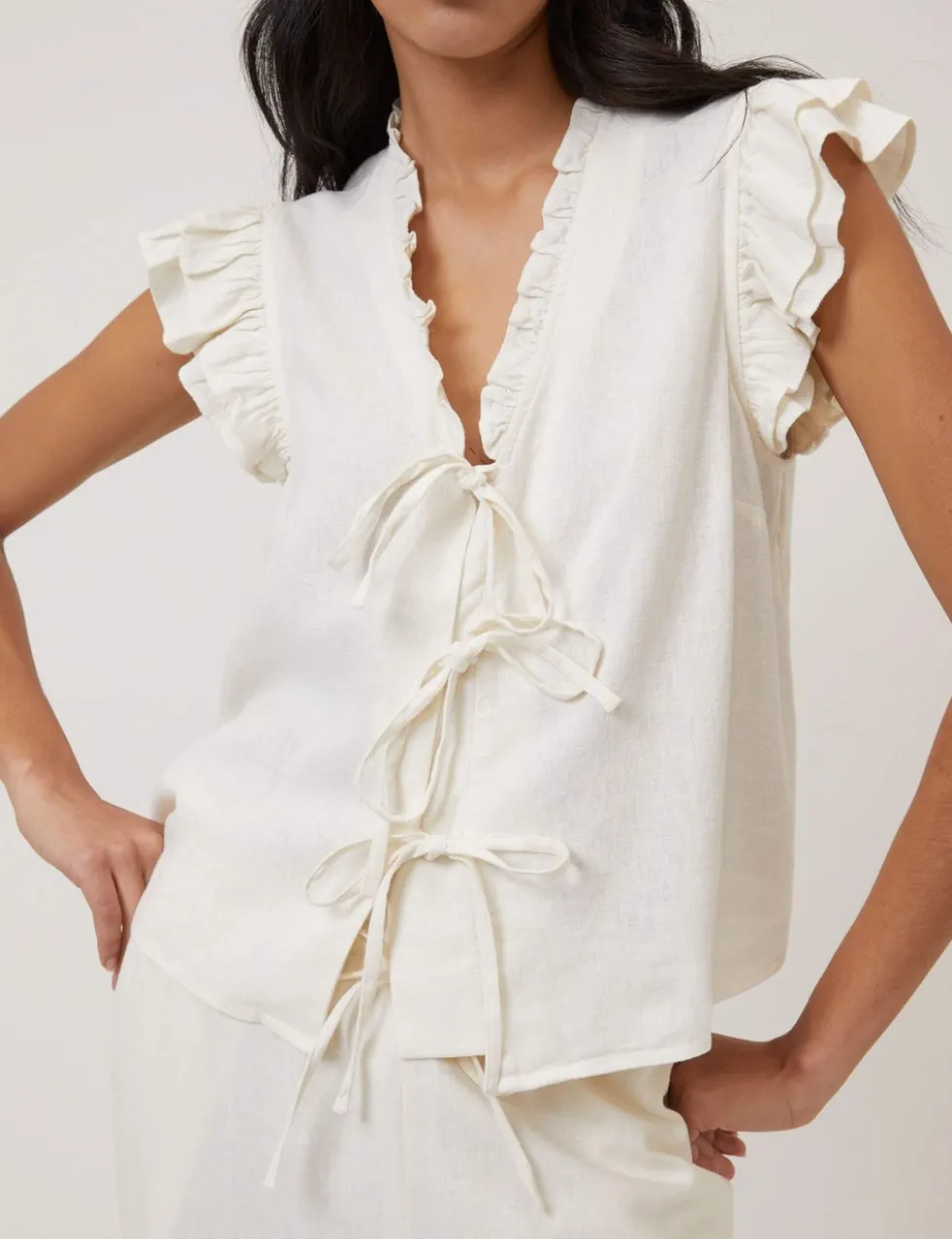 Linen Rich Tie Front Ruffle Top
