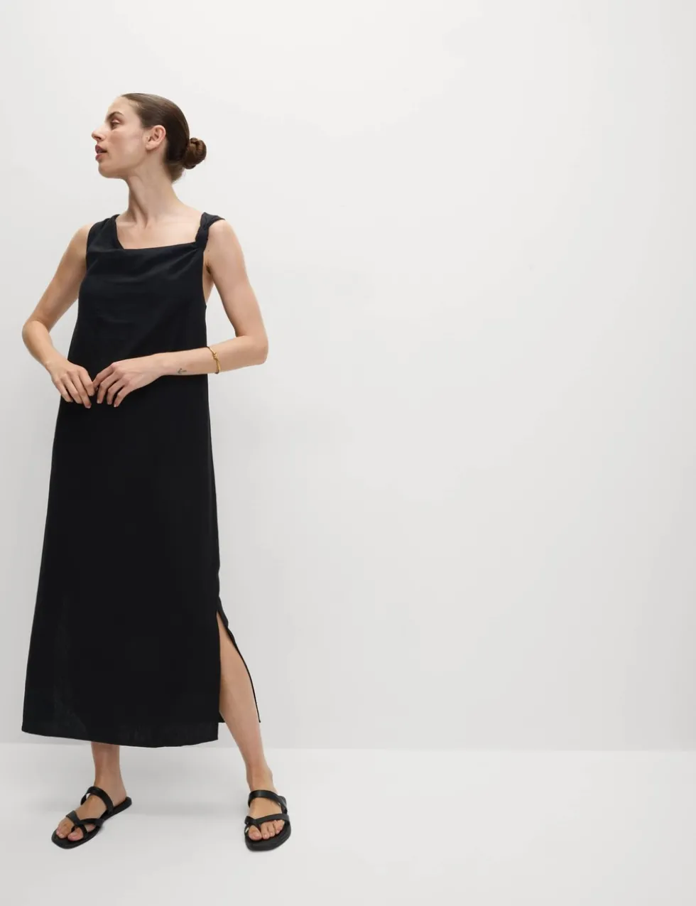 Linen Rich Tie Neck Midaxi Shift Dress