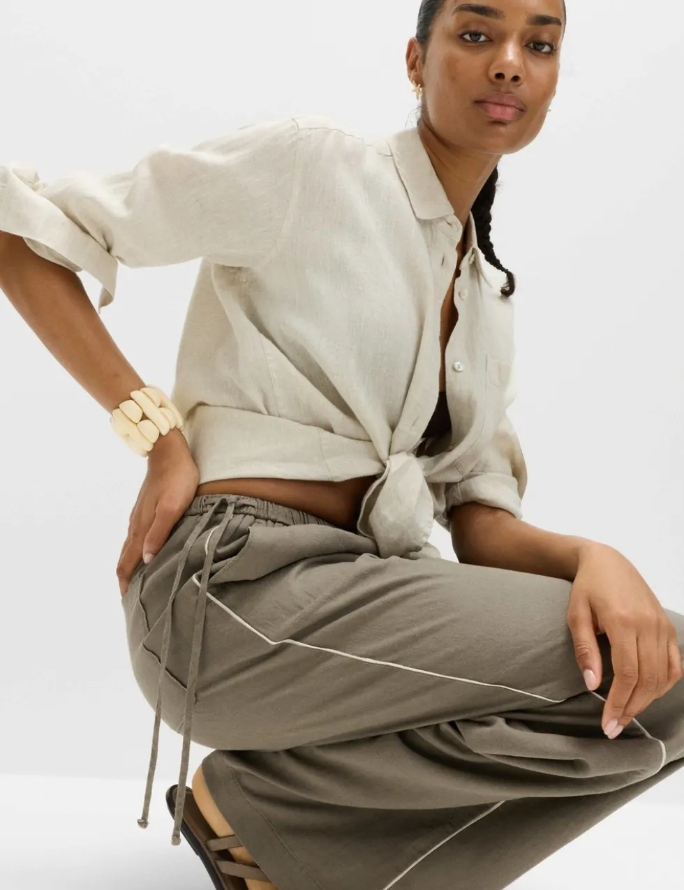 Linen Rich Tie Side Wide Leg Trousers