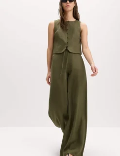 Linen Rich Twill Drawstring Wide Leg Trousers