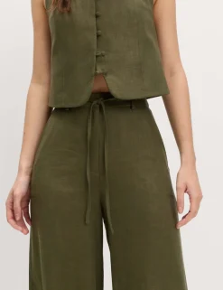 Linen Rich Twill Drawstring Wide Leg Trousers