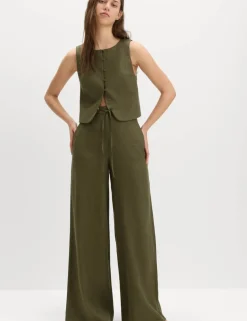 Linen Rich Twill Drawstring Wide Leg Trousers