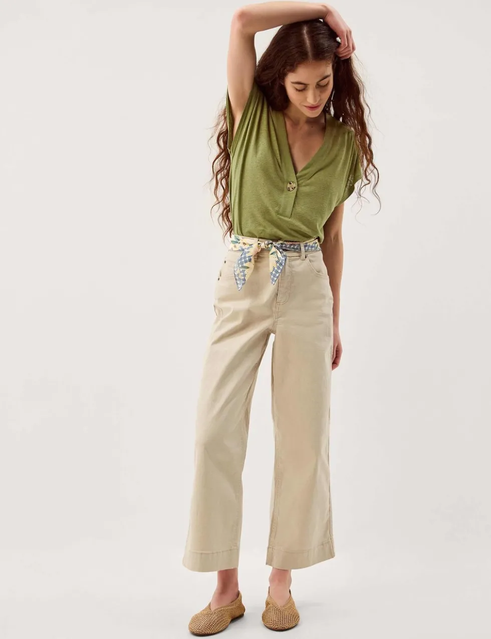 Linen Rich V-Neck Button Detail T-Shirt