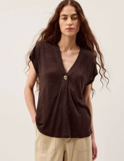 Linen Rich V-Neck Button Detail T-Shirt