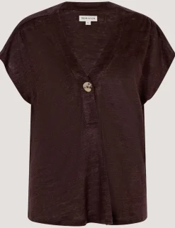 Linen Rich V-Neck Button Detail T-Shirt