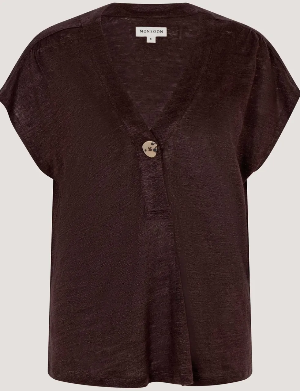 Linen Rich V-Neck Button Detail T-Shirt